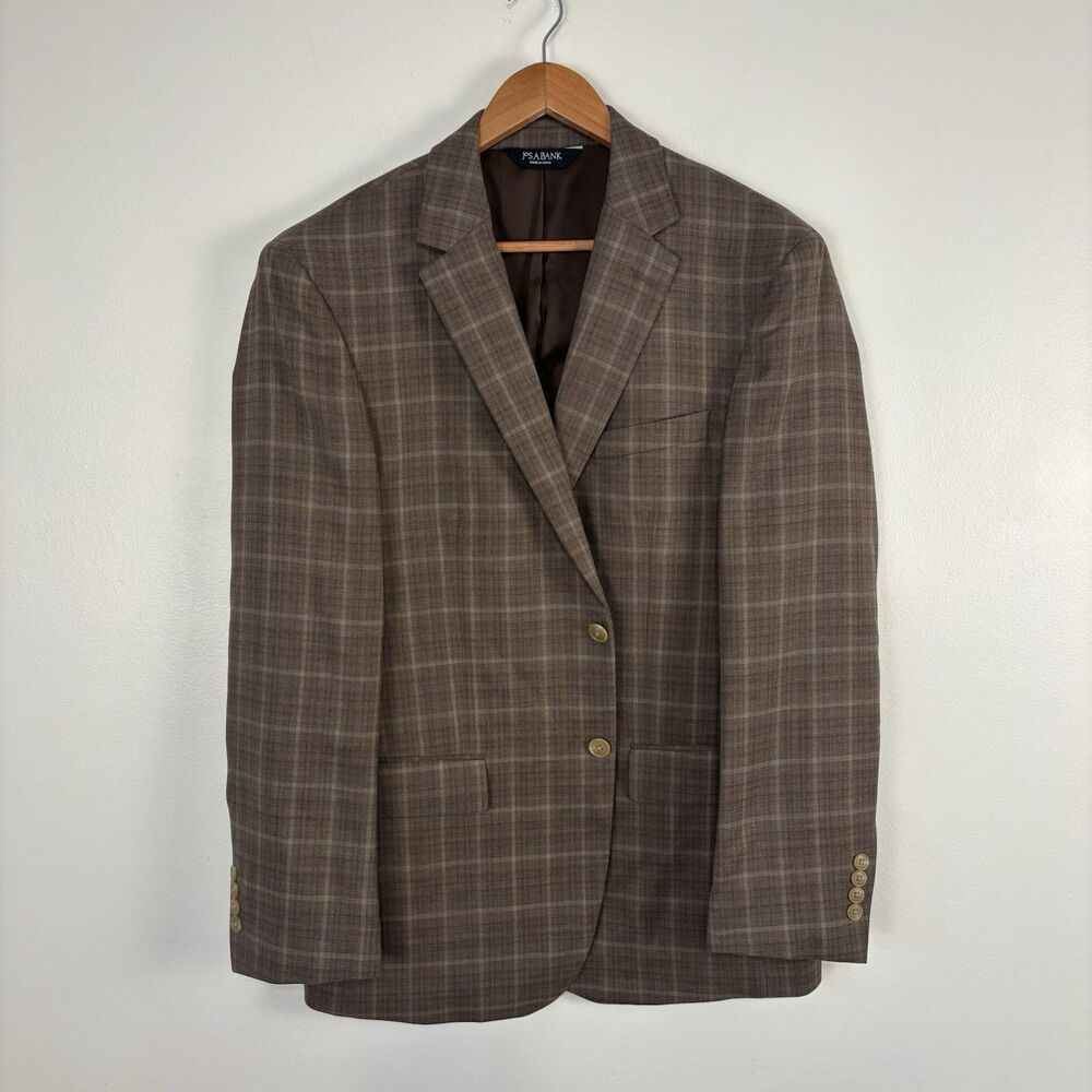 Jos A Bank Traveler Blazer Sport Coat Mens 42R Brown Plaid Wool Tailored Fit